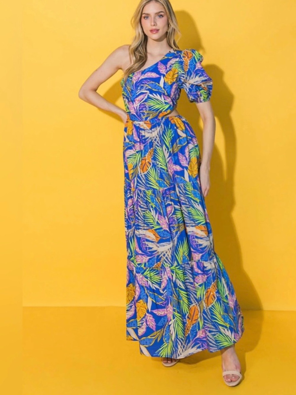 One-Shoulder Blue Tropical Maxi Dress by Flying Tomato